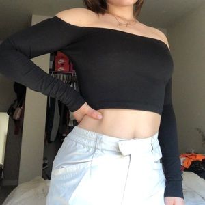 Black Cropped Long Sleeve Off The Shoulder Top